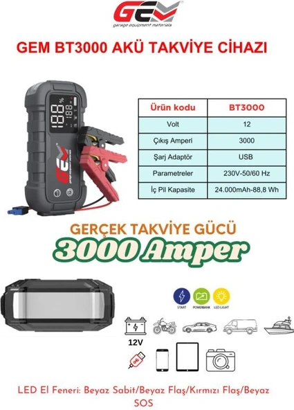 Gem Profesyonel Akü Takviye Cihazı BT3000 12V 3000AMPER ürün görseli 1