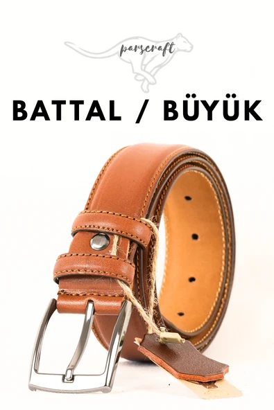 Parscraft Battal Boy / Büyük Beden / Uzun Boy XXL 3,5 cm Taba Klasik Erkek Hakiki Deri Kemer ürün görseli 1
