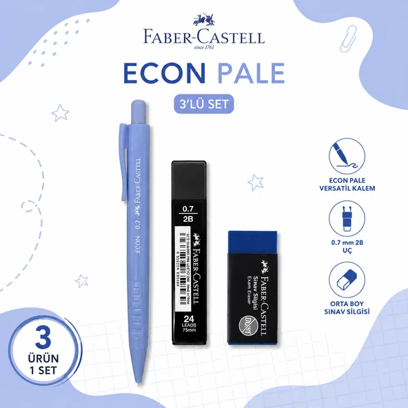 Faber-Castell Econ Pale 0,7 Mavi Versatil Kalem+0,7 uç+Orta Boy Sınav Silgisi ürün görseli 1