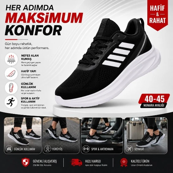 ERKEK SNEAKER AYAKKABI SİYAH 40-45 - Resim 2