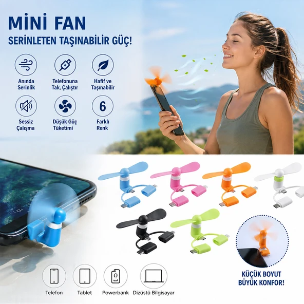 Taşınabilir Usb Mini Fan - Type-C ve Lighting Girişli Pervane - Cep Telefonu Tablet Pc Powerbank ürün görseli 1