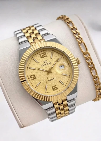 Erkek Kol Saati Bileklik Hediyeli Çift Renk Çelik Kordon Takvimli Quartz Saat – Siyah Kadran Gold Silver Lüks Klasik Erkek Saati SWT10 ürün görseli 1