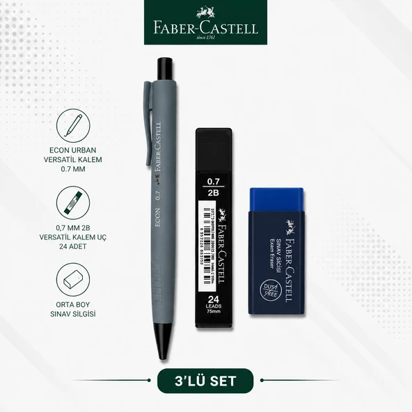 Faber-Castell Econ Urban 0,7 Gri Versatil Kalem+0,7 uç+Orta Boy Sınav Silgisi ürün görseli 1