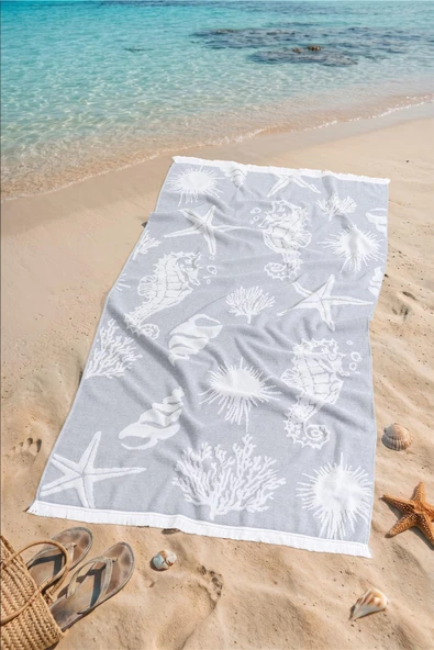 Seashell | %100 Pamuk Saçaklı Plaj Havlusu | 80x150 cm (Gri) ürün görseli 1