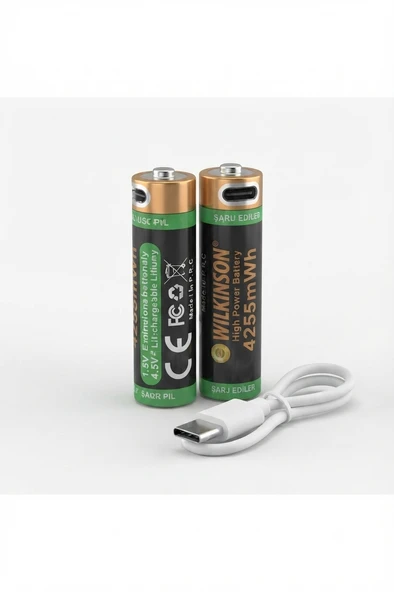 Şarjlı Kalem Pil 1.5V AA Şarj Edilebilir Lityum Pil 4255mWh USB-C Girişli, 2’li Paket Şarj Kablolu ürün görseli 1