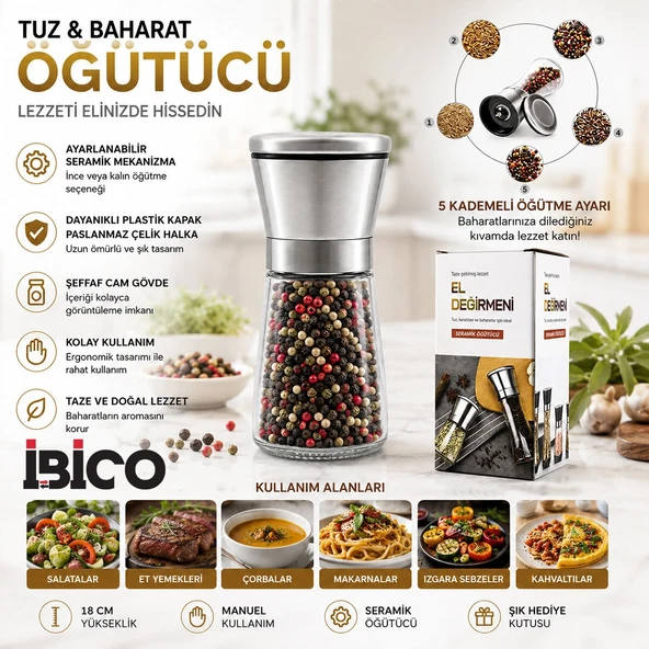 Seramik Öğütücülü 5 Kademe Ayarlı Tuz ve Karabiber El Değirmeni - 180 ml Şeffaf Cam Hazne 13 cm ürün görseli 1