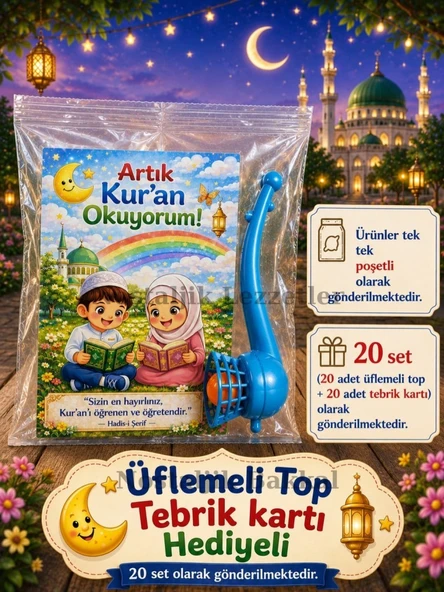 Artık Kur'an Okuyorum Hediyesi 20 Set Kur'an Kursu-Hatim Töreni Hatırası Pipo Şeklinde Üflemeli Top Tebrik Kartı Hediyeli ürün görseli 1