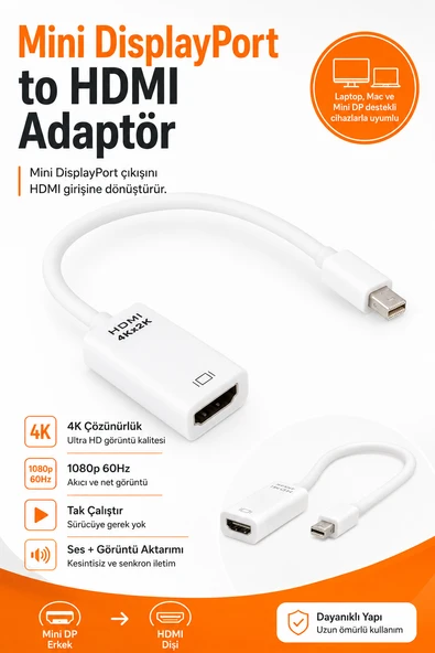 Mini DisplayPort HDMI Adaptör Çevirici 4K 1080p 60Hz Laptop Mac Monitör TV Projektör Uyumlu ürün görseli 1