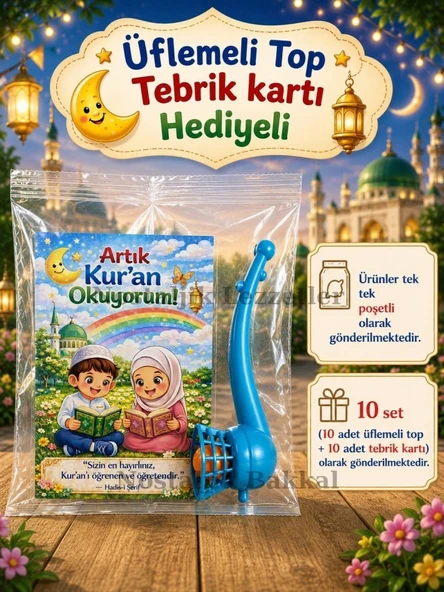 Kur'an Okuyorum Hediyesi 10 Set Kur'an Kursu-Hatim Töreni Hatırası Pipo Şeklinde Üflemeli Top Tebrik Kartı Hediyeli ürün görseli 1