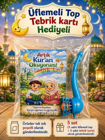 5 Set Kur'an Okuyorum Hediyesi Kur'an Kursu-Hatim Töreni Hatırası Pipo Şeklinde Üflemeli Top Tebrik Kartı Hediyeli ürün görseli 1