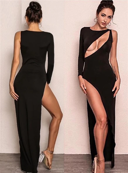 Derin Dekolteli Uzun Yırtmaçlı Elbise - Resim 2