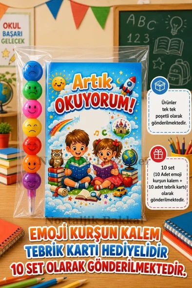 Yeni Okumayı Öğrenen Öğrencilere Hediye 10 Set  Artık Okuyorum Yazılı 1. Sınıf Hatırası Emoji Kurşun Kalem Tebrik Kartı Hediyeli ürün görseli 1