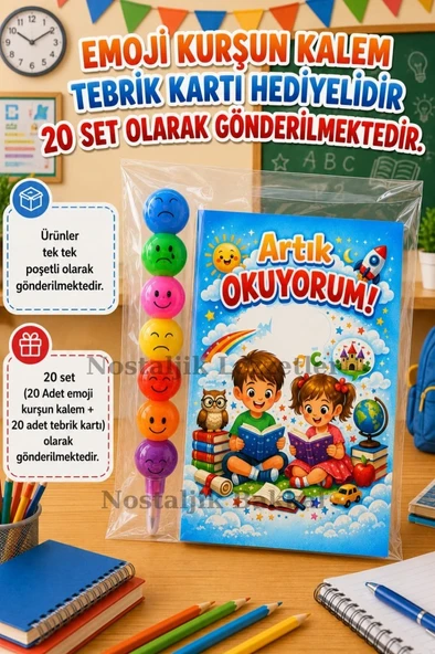 20 Set Yeni Okumayı Öğrenen Öğrencilere Hediye Artık Okuyorum Yazılı 1. Sınıf Hatırası Emoji Kurşun Kalem Tebrik Kartı Hediyeli ürün görseli 1