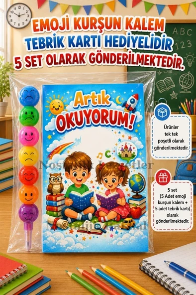 5 Set Yeni Okumayı Öğrenen Öğrencilere Hediye Artık Okuyorum Yazılı 1. Sınıf Hatırası Emoji Kurşun Kalem Tebrik Kartı Hediyeli ürün görseli 1