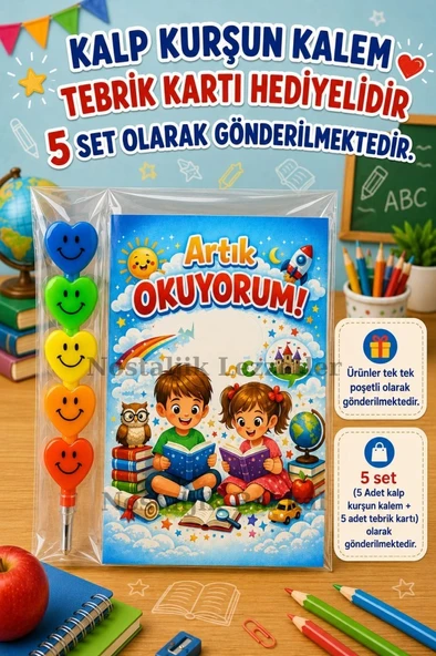 5 Set Yeni Okumayı Öğrenen Öğrencilere Hediye Artık Okuyorum Yazılı 1. Sınıf Hatırası Kalp Kurşun Kalem Tebrik Kartı Hediyeli ürün görseli 1