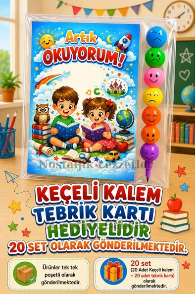 20 Set Yeni Okumayı Öğrenen Öğrencilere Hediye Artık Okuyorum Yazılı 1. Sınıf Hatırası Keçeli Kalem Tebrik Kartı Hediyeli ürün görseli 1