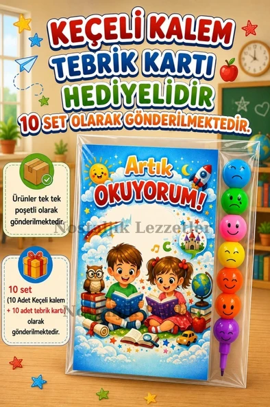 Yeni Okumayı Öğrenen Öğrencilere Hediye 10 Set Artık Okuyorum Yazılı 1. Sınıf Hatırası Keçeli Kalem Tebrik Kartı Hediyeli ürün görseli 1