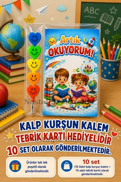 Yeni Okumayı Öğrenen Öğrencilere Hediye 10 Set Artık Okuyorum Yazılı 1. Sınıf Hatırası Kalp Kurşun Kalem Tebrik Kartı Hediyeli ürün görseli 1