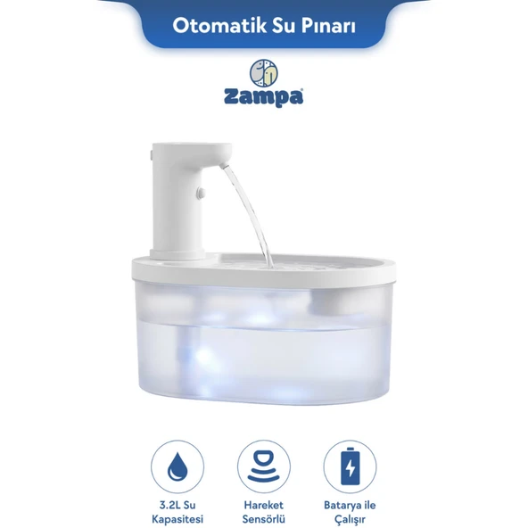 Zampa Zampa Kedi ve Köpekler İçin Oval Sensörlü Bataryalı Otomatik Su Pınarı 3.2 Litre ürün görseli 1