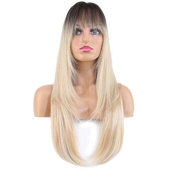 Katlı Kesim Perçemli Düz Fiber Sentetik Uzun Boy Peruk / Kahve / Platin Ombre ve Röfleli ürün görseli 1