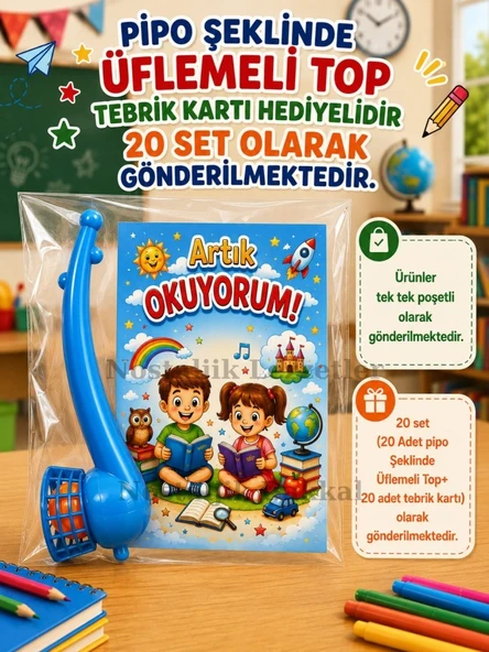 20 Set Yeni Okumayı Öğrenen Öğrencilere Hediye Artık Okuyorum Yazılı 1. Sınıf Hatırası Pipo Şeklinde Üflemeli Top Tebrik Kartı Hediyeli ürün görseli 1