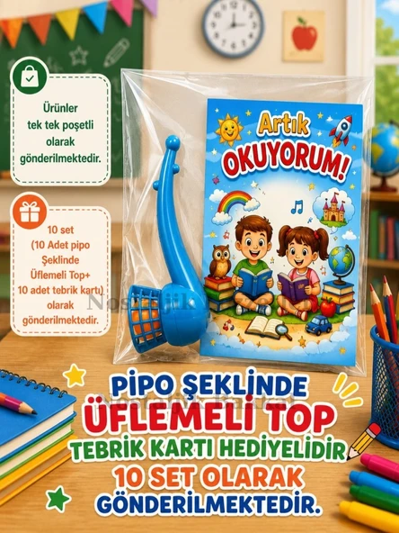 Yeni Okumayı Öğrenen Öğrencilere Hediye 10 Set Artık Okuyorum Yazılı 1. Sınıf Hatırası Pipo Şeklinde Üflemeli Top Tebrik Kartı Hediyeli ürün görseli 1