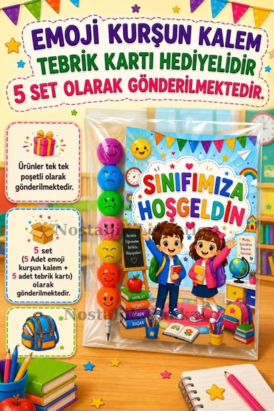 5 Adet Okula Yeni Başlayan Öğrencilere Sınıfımıza Hoşgeldin Yazılı Hediye Seti 1. Sınıf- Sene Başı Hatırası Emoji Kurşun Kalem Tebrik Kartı Hediyeli ürün görseli 1