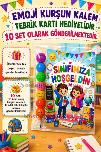Okula Yeni Başlayan Öğrencilere Sınıfımıza Hoşgeldin Yazılı 10 Adet Hediye Seti 1. Sınıf- Sene Başı Hatırası Emoji Kurşun Kalem Tebrik Kartı Hediyeli ürün görseli 1