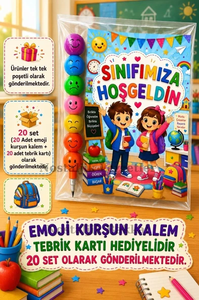 20 Adet Okula Yeni Başlayan Öğrencilere Sınıfımıza Hoşgeldin Yazılı Hediye Seti 1. Sınıf- Sene Başı Hatırası Emoji Kurşun Kalem Tebrik Kartı Hediyeli ürün görseli 1