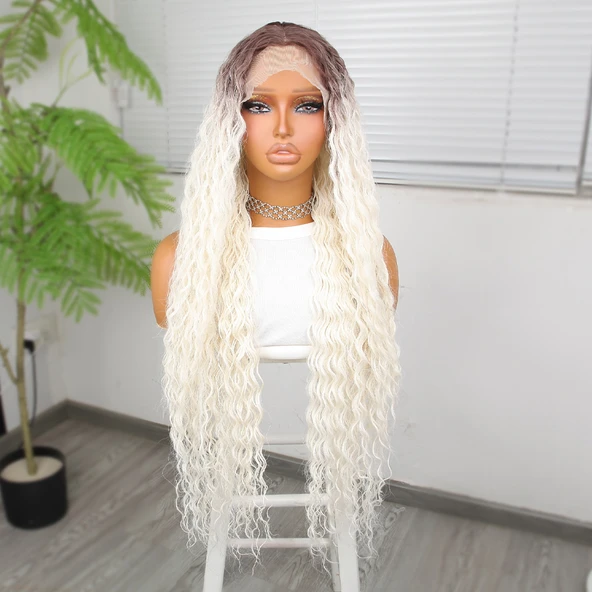 Afro Dalga Kumral Beyaz Platin Ombre Fiber Sentetik Tül Peruk ürün görseli 1