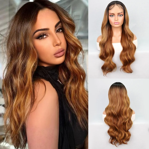 Siyah Karamel Balköpüğü Ombre Fiber Sentetik Geniş Dalgalı Tül Peruk ürün görseli 1
