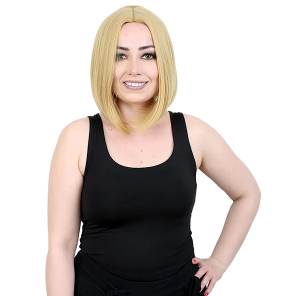 Kahkülsüz Düz Kısa Fiber Sentetik Peruk / Sarı ürün görseli 1