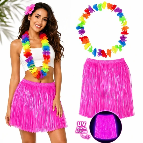 Neon Pembe Hawaii Etek 40 Cm Ve Rengarenk Hawaii Kolye ürün görseli 1