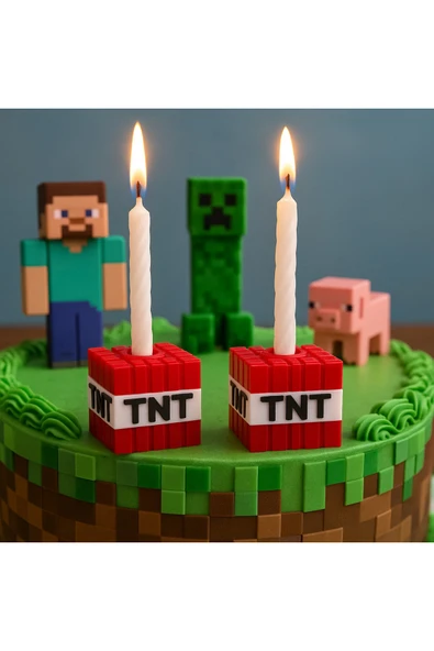 Minecraft TNT Mumluk – 2’li Blok Mumluk Seti – Doğum Günü Pastası Süsü – Parti Aksesuar ürün görseli 1