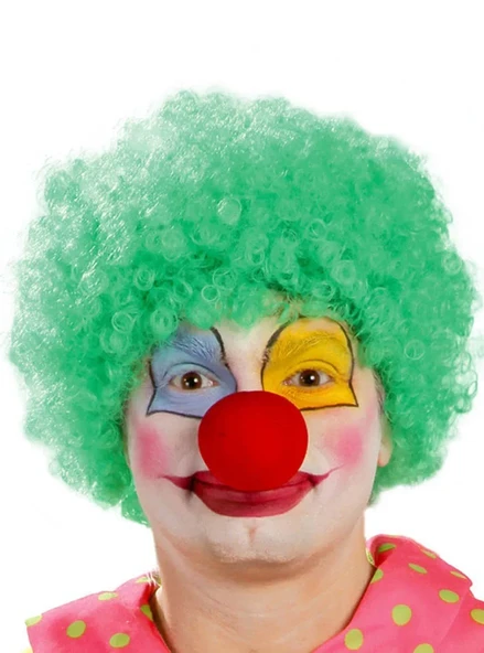 Yeşil Renk Kıvırcık Afro Bonus Peruk Takma Saç Ve Kırmızı Burun Seti ürün görseli 1