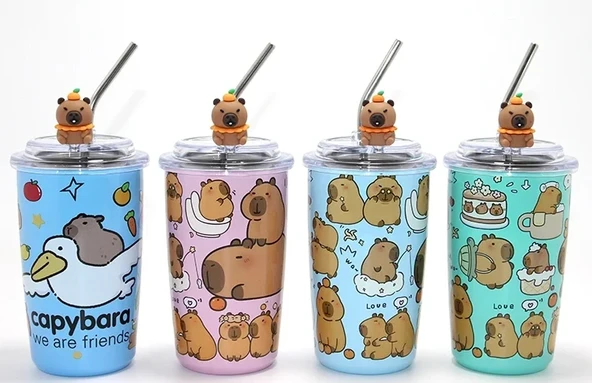 Capybara Figürlü Isı Muhafazalı Metal Pipetli Paslanmaz Çelik Kupa Alk4429 ürün görseli 1
