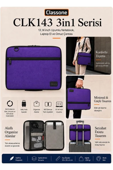 Classone 3in1 Serisi CLK143 13,14 inch Uyumlu Tablet Laptop El ve Omuz Çantası Mor ürün görseli 1