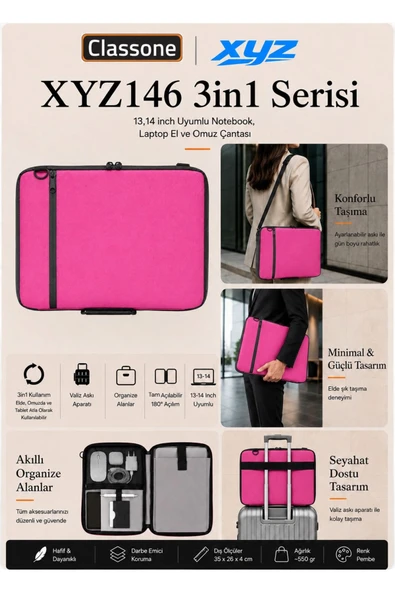Classone 3in1 Serisi CLK146 13,14 inch Uyumlu Tablet Laptop El ve Omuz Çantası Pembe ürün görseli 1