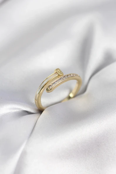 Zirkon Taşlı Gold Renk Yassı Çivi Model Kadın Yüzük ürün görseli 1