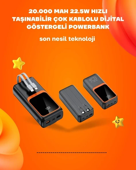 Powerbank 20000 Mah | 22.5w Hızlı Şarj, Dahili Kablolu, Lcd Ekranlı Şarj Cihazı ürün görseli 1