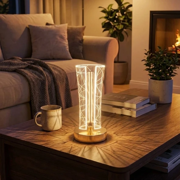 İki Yandan Kavisli Silindirik Geometrik Çizgi Model Kristal LED Masa Lambası – Dokunmatik, 3 Renk Işık Modlu, Şarjlı Dekoratif Gece Lambası ürün görseli 1