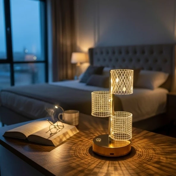 3 Parça Silindirik Kristal Ekose Kareli LED Masa Lambası – Gold Gövdeli, Dokunmatik, 3 Kademe Işık Ayarlı Şarjlı Dekoratif Lamba ürün görseli 1