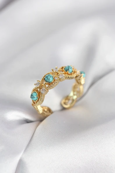 Mavi Taşlı Gold Renk Vintage Kadın Yüzük ürün görseli 1