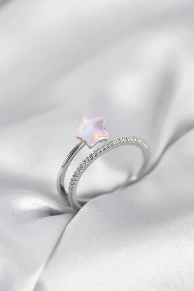 Gümüş Renk Zirkon Taşlı Pembe Halley Model Kadın Yüzük ürün görseli 1