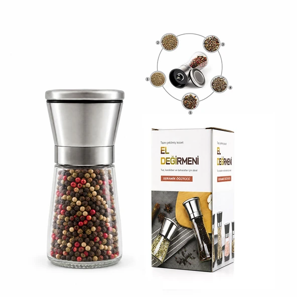 HAND GRINDER KÜÇÜK CAM HAZNELİ - KROM KAPLAMA PLS.KAPAKLI TUZ - BAHARAT ÖĞÜTÜCÜ İ22-411 ürün görseli 1