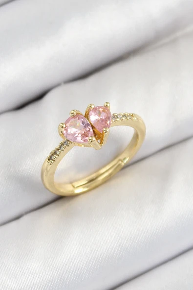 Pirinç Zirkon Taşlı Pembe Kalp Model Gold Renk Kadın Yüzük ürün görseli 1