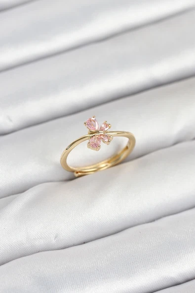 Pirinç Gold Renk Pembe Kelebek Kadın Yüzük ürün görseli 1