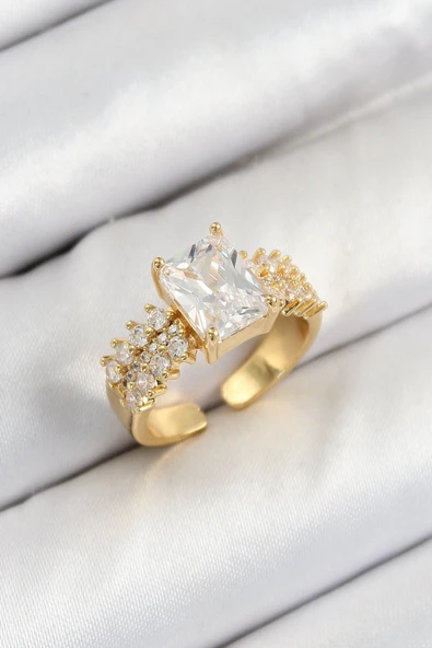 Pirinç Büyük Zirkon Taşlı Model Gold Renk Kadın Yüzük ürün görseli 1