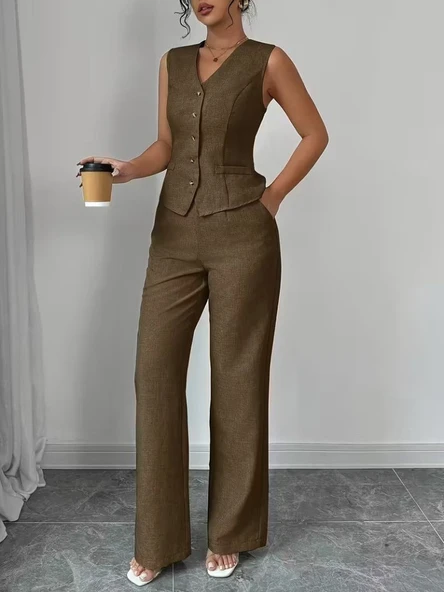 Kadın Askılı önden Düğmeli Bluz Ve Pantolon Keten Ikili Takım ürün görseli 1
