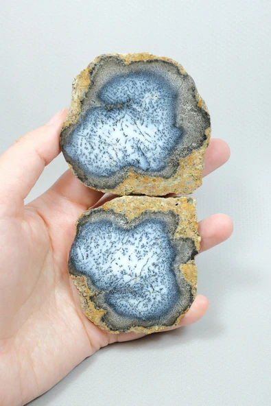 Merlinite (Dendritik Opal) - Mavi ve Beyaz Dendritik Opal Çift - Resim 7
